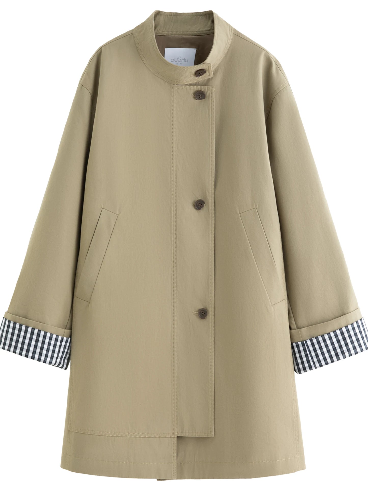 Dushu outono 2025 feminino gola trench coat-ajuste relaxado xadrez retalhos solto outerwear casual blusão topo