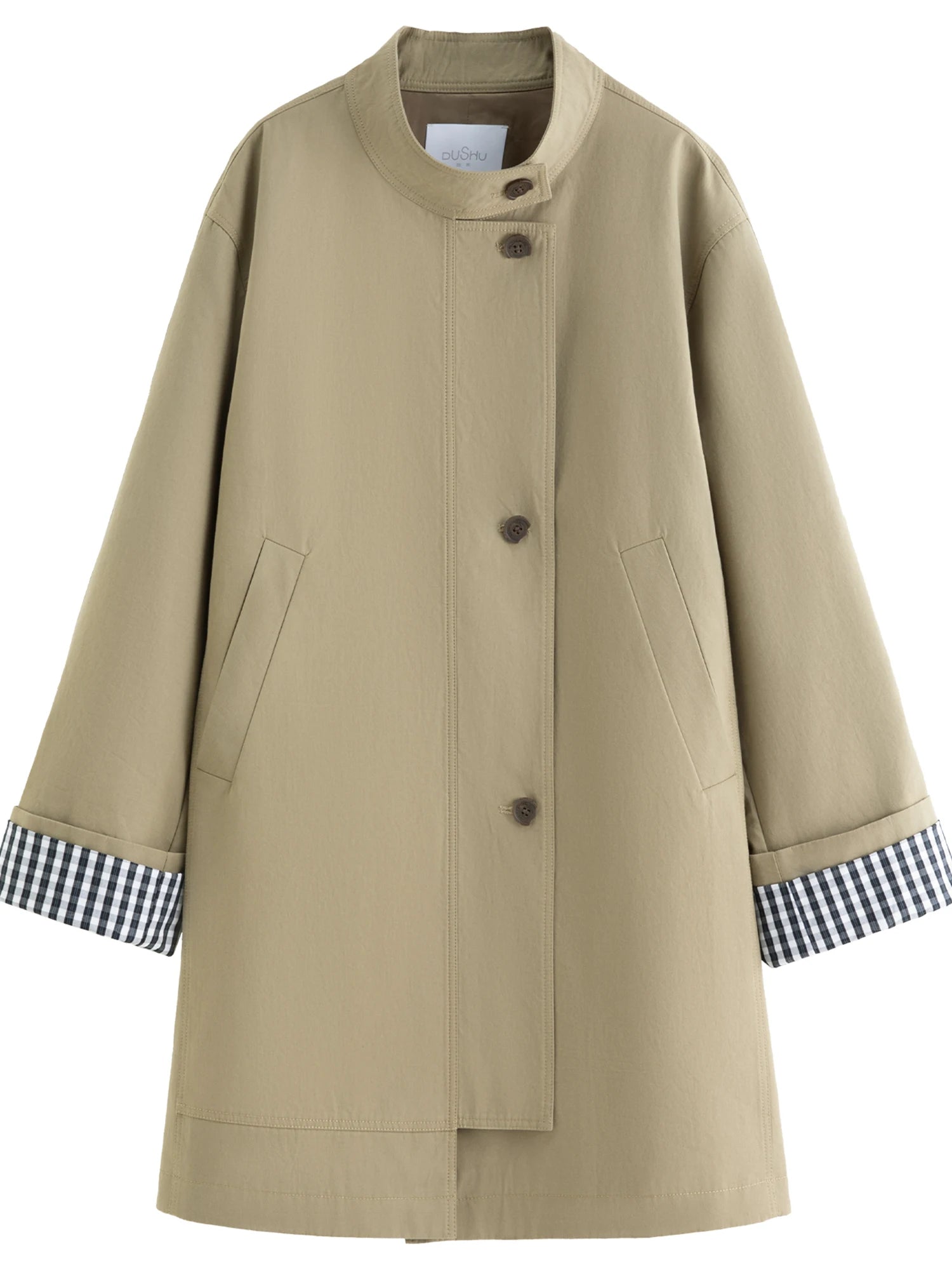 Dushu outono 2025 feminino gola trench coat-ajuste relaxado xadrez retalhos solto outerwear casual blusão topo
