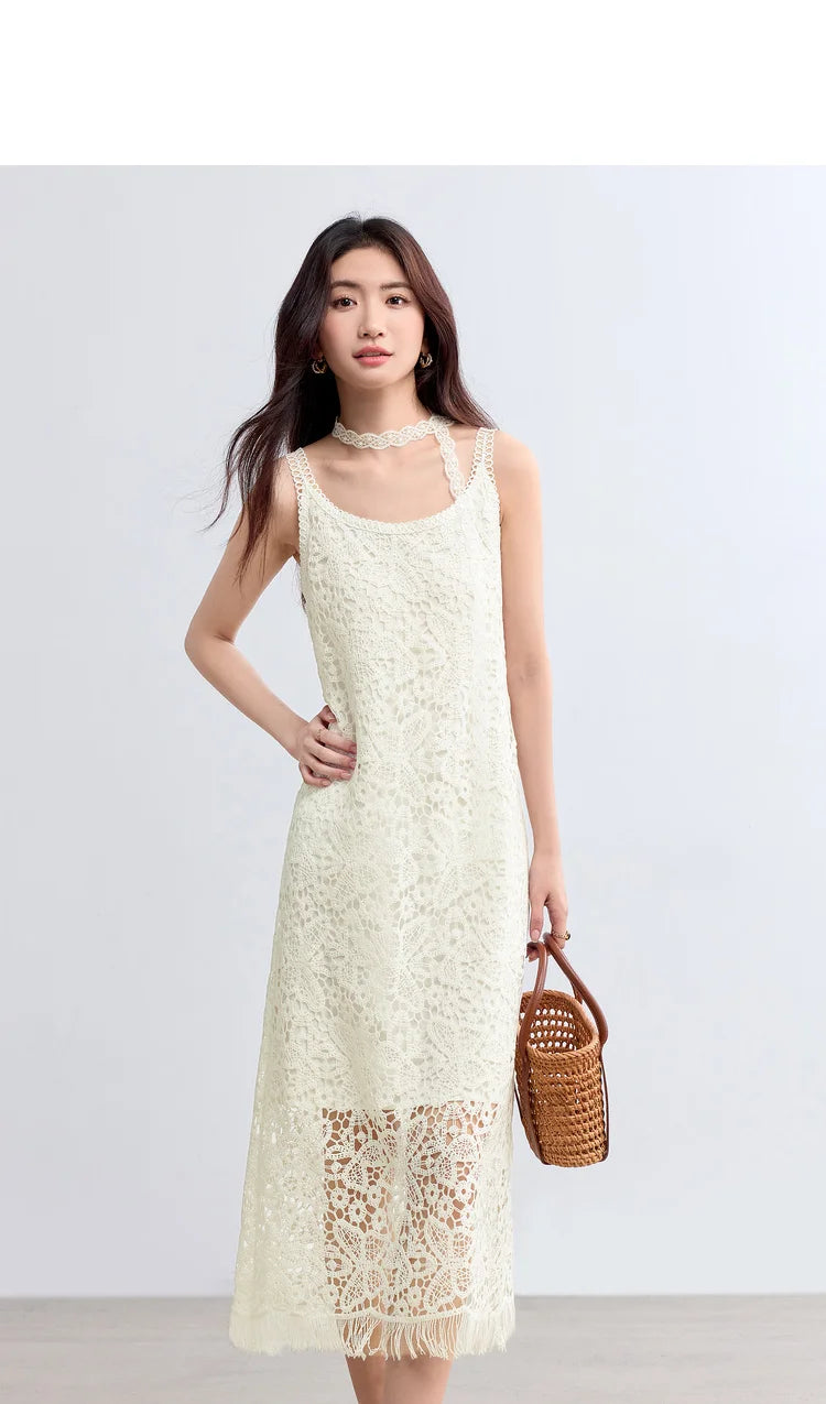 Sentubila boho deslizamento vestido feminino verão borla sem mangas vestido de verão 2025 nova coleção branco elegante rendas vestidos longos q52ld0165