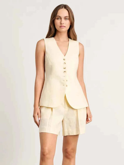 Conjunto Feminino Essence Linen – Colete & Short de Linho e Algodão