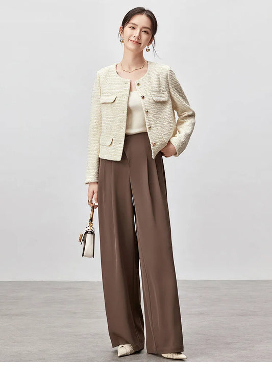 Sentubila feminino elegante tweed jaquetas 2024 outono estilo francês o pescoço de metal único breasted manga longa casacos femininos 143w56210