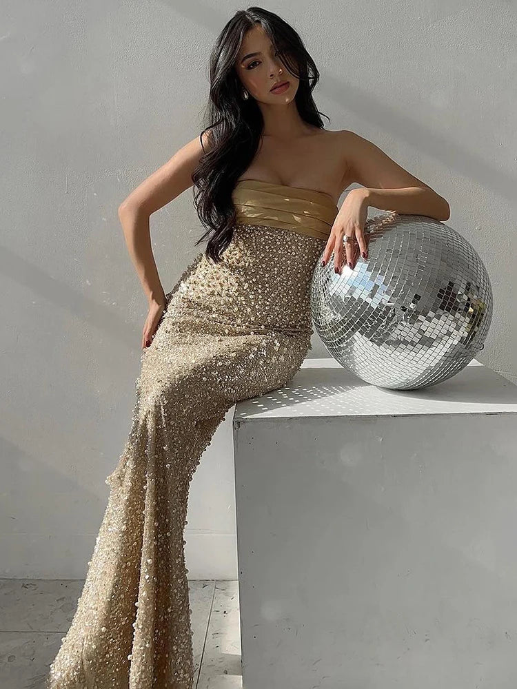 Vc sem alças luxuoso pérolas douradas detalhes vestido longo feminino frisado elegante magro bodycon festa de noite vestido de aniversário