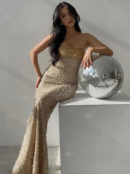 Vc sem alças luxuoso pérolas douradas detalhes vestido longo feminino frisado elegante magro bodycon festa de noite vestido de aniversário