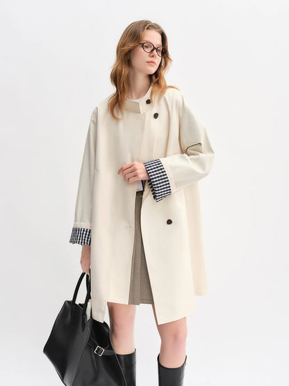 Dushu outono 2025 feminino gola trench coat-ajuste relaxado xadrez retalhos solto outerwear casual blusão topo