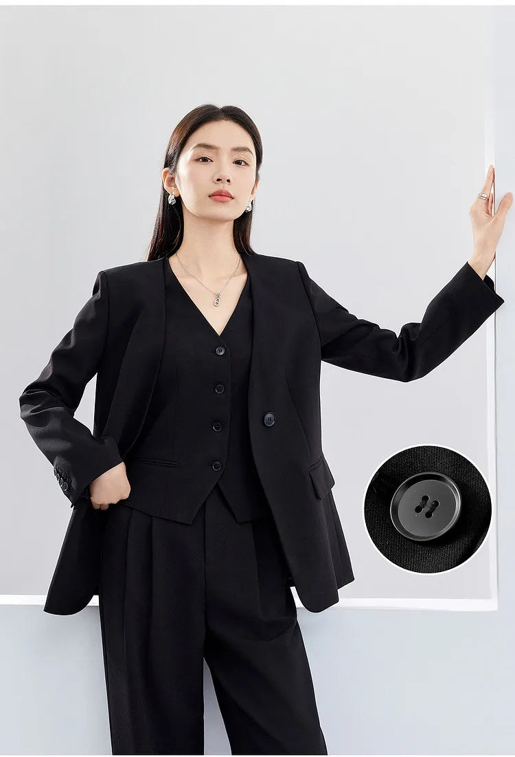 Sentubila mulher 3 peça conjunto roupas 2025 outono moda escritório wear preto colete blazer jaquetas perna larga calça conjunto 141z53019