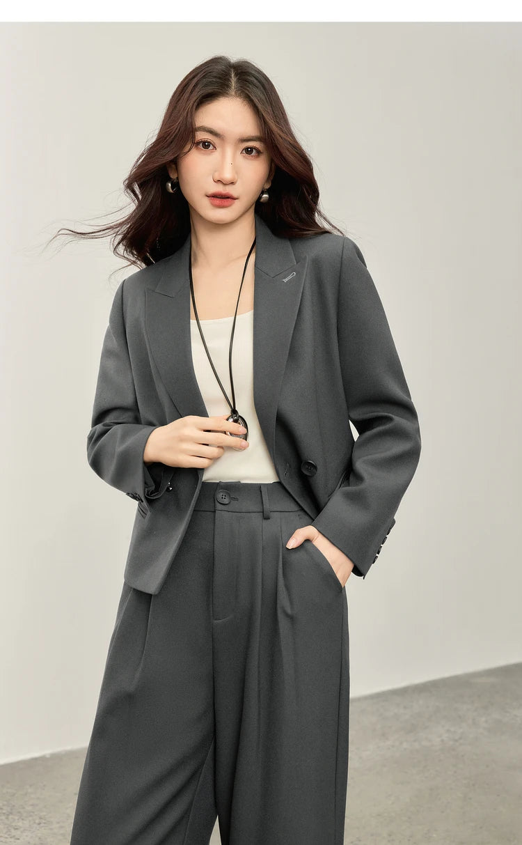 Sentubila blazer e calças terno 2025 acolchoado ombro superior calças de perna larga senhora define feminino trabalho wear 2 peça set153ze1874
