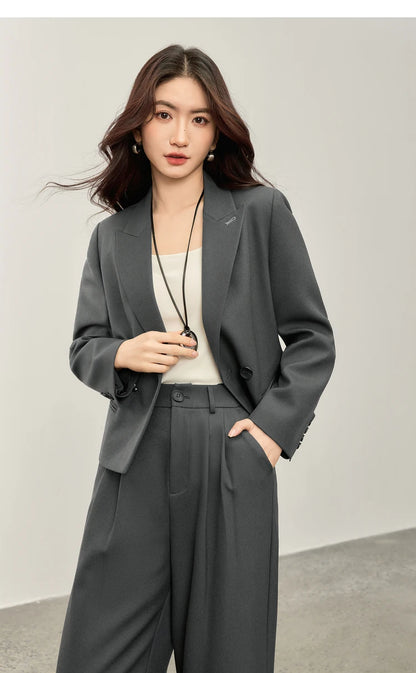 Sentubila blazer e calças terno 2025 acolchoado ombro superior calças de perna larga senhora define feminino trabalho wear 2 peça set153ze1874