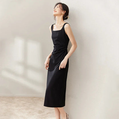 SENTUBILA vestido largo ajustado negro para mujer 2025 Primavera Verano elegante moda estilo Hepburn cuello cuadrado vestidos divididos 133L50329