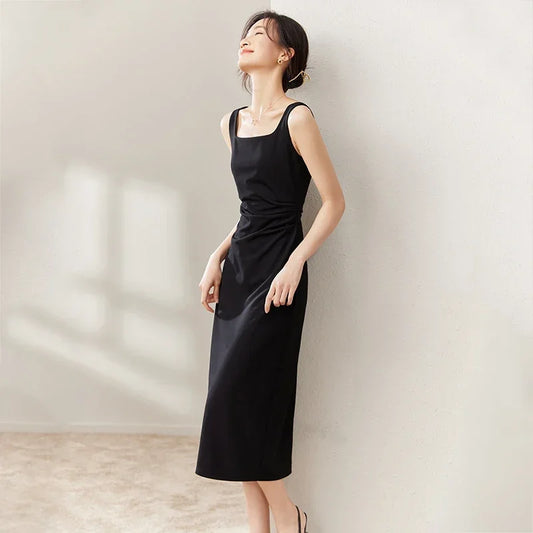 SENTUBILA vestido largo ajustado negro para mujer 2025 Primavera Verano elegante moda estilo Hepburn cuello cuadrado vestidos divididos 133L50329