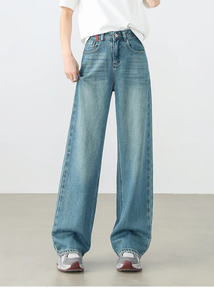 Sentubila calças jeans femininas de algodão 2025 primavera moda reta vintage denim cintura alta comprimento total bolsos calças w51n58827