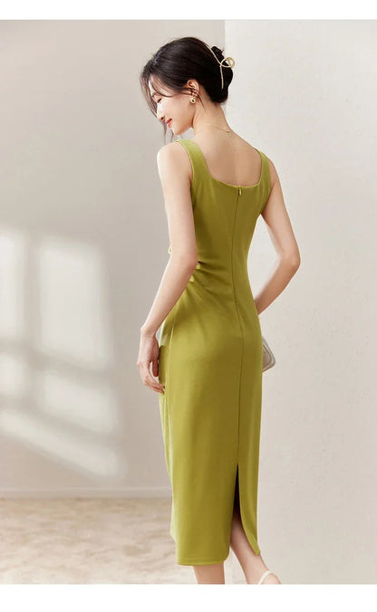 SENTUBILA vestido largo ajustado negro para mujer 2025 Primavera Verano elegante moda estilo Hepburn cuello cuadrado vestidos divididos 133L50329