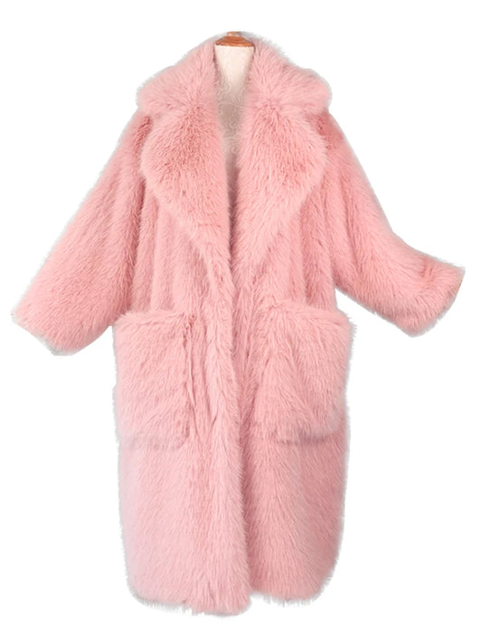 Lautaro inverno longo oversized rosa grosso quente macio desgrenhado fofo casaco de pele do falso feminino bolsos lapela solto doce bonito moda 2022
