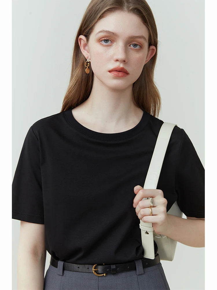 FSLE-camiseta feminina de manga curta, 100% algodão, gola redonda, blusa reta, branca e preta, nova para primavera e verão, 2023