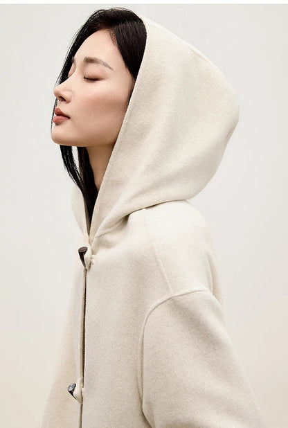 Sentubila dupla face 100% casaco de lã 2024 inverno comprimento médio reto touro chifre fivela feminino com capuz outwear w44o55979