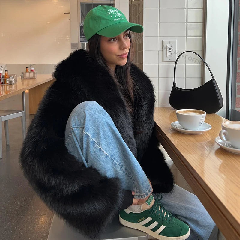 Neo mint rua moda xale colarinho falso casaco de pele de raposa feminino 2024 inverno legal meninas preto curto jaqueta de pele vintage chique casaco
