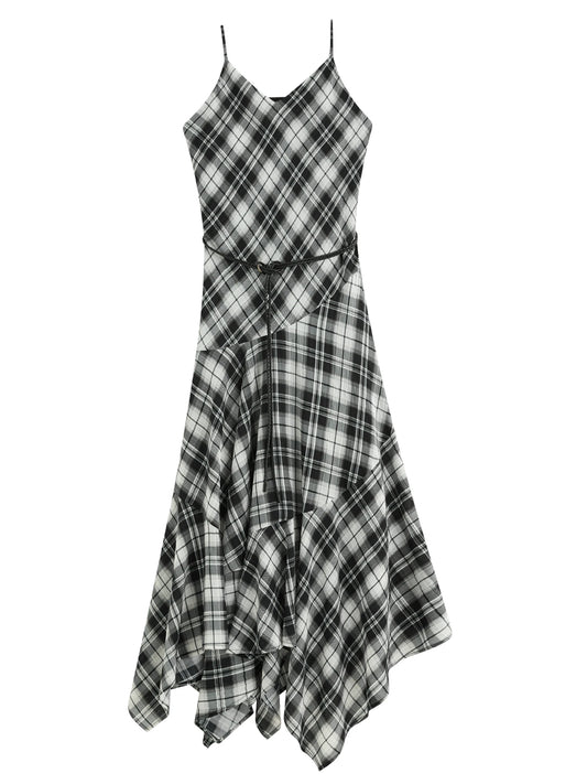 FSLE 2025 Vestido de verão feminino xadrez com decote em V – bainha assimétrica e silhueta de fluxo livre