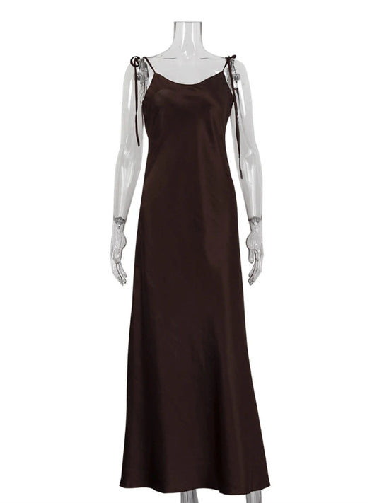 Clacive moda solta marrom cetim vestidos femininos 2025 verão cinta sem mangas até o chão vestido sexy sem costas vestido feminino