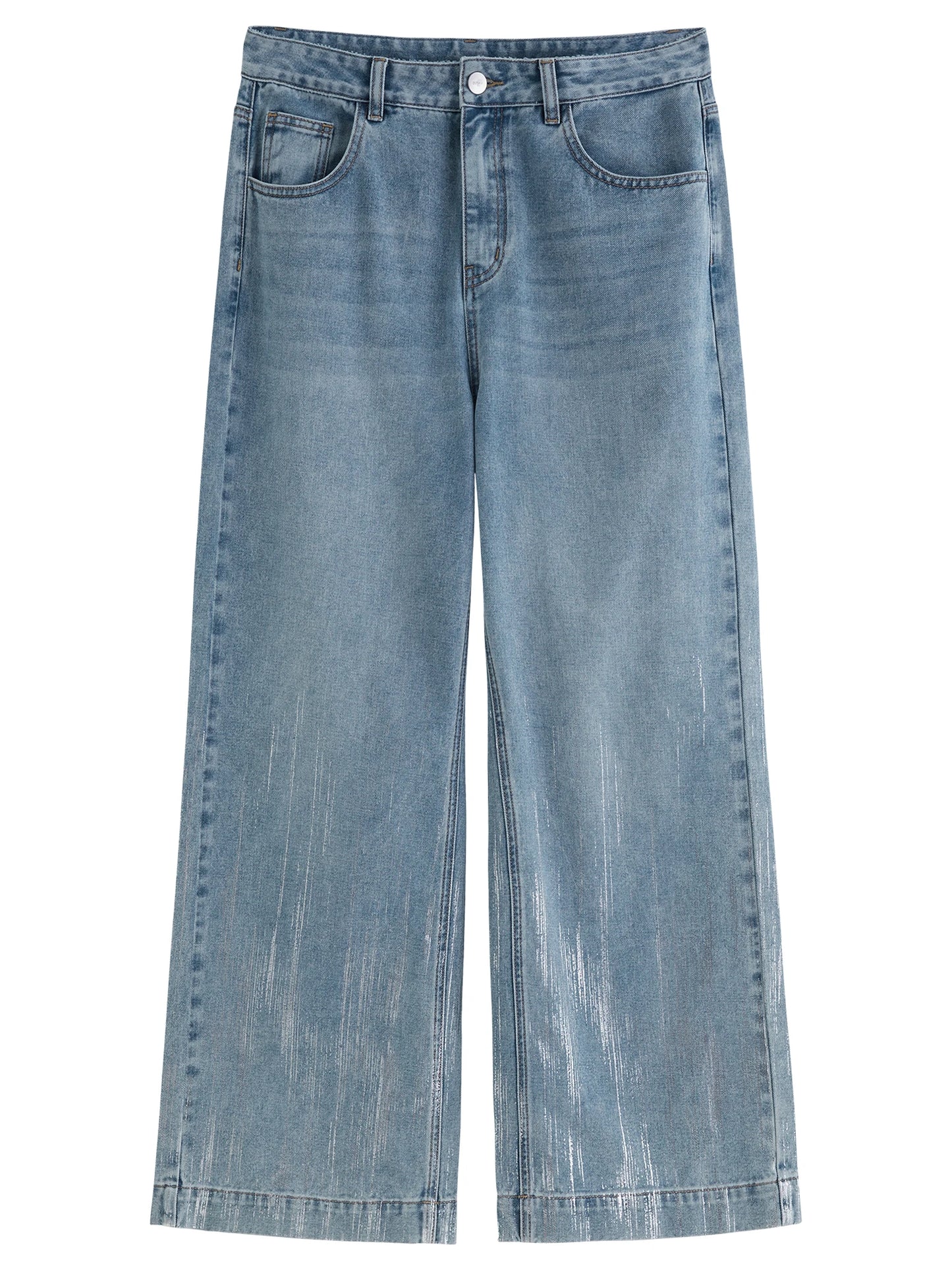 Dushu 2025 verão plus size galaxy meteor jeans de cintura alta prata-em relevo calças jeans de perna larga 25ds82056