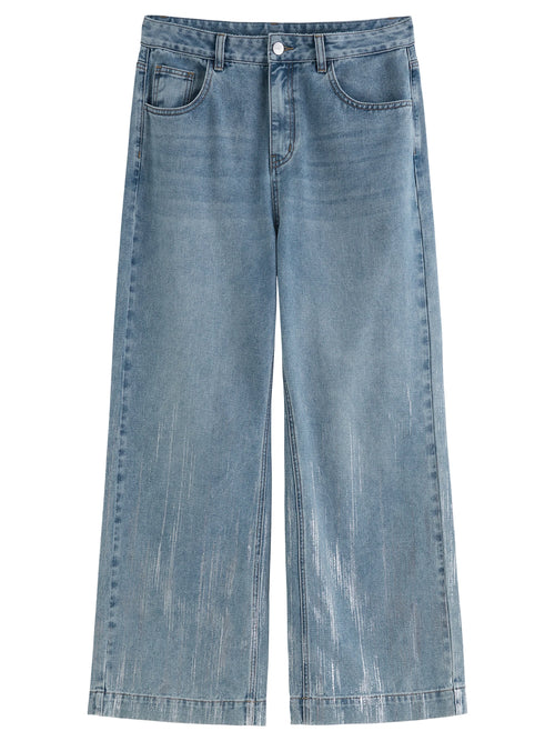 Dushu 2025 verão plus size galaxy meteor jeans de cintura alta prata-em relevo calças jeans de perna larga 25ds82056