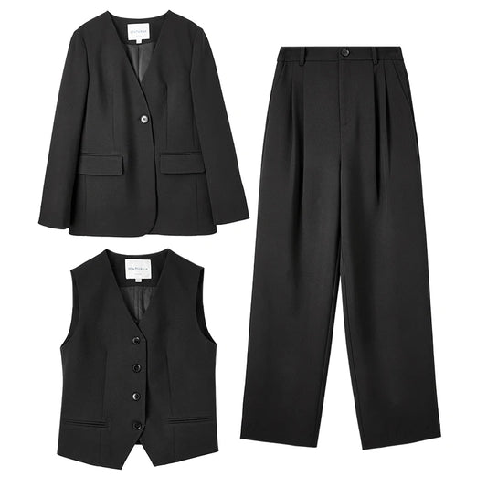 Sentubila mulher 3 peça conjunto roupas 2025 outono moda escritório wear preto colete blazer jaquetas perna larga calça conjunto 141z53019