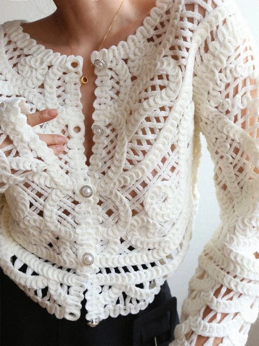 Feminino feito à mão oco fino ajuste cardigan 2025 tendências da moda crochê camisola primavera verão branco malha bohemain topo