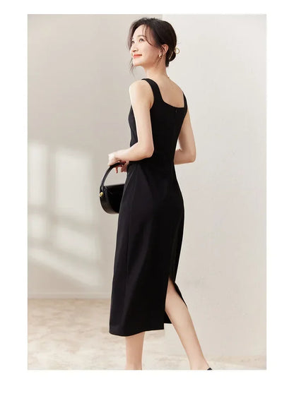 SENTUBILA vestido largo ajustado negro para mujer 2025 Primavera Verano elegante moda estilo Hepburn cuello cuadrado vestidos divididos 133L50329