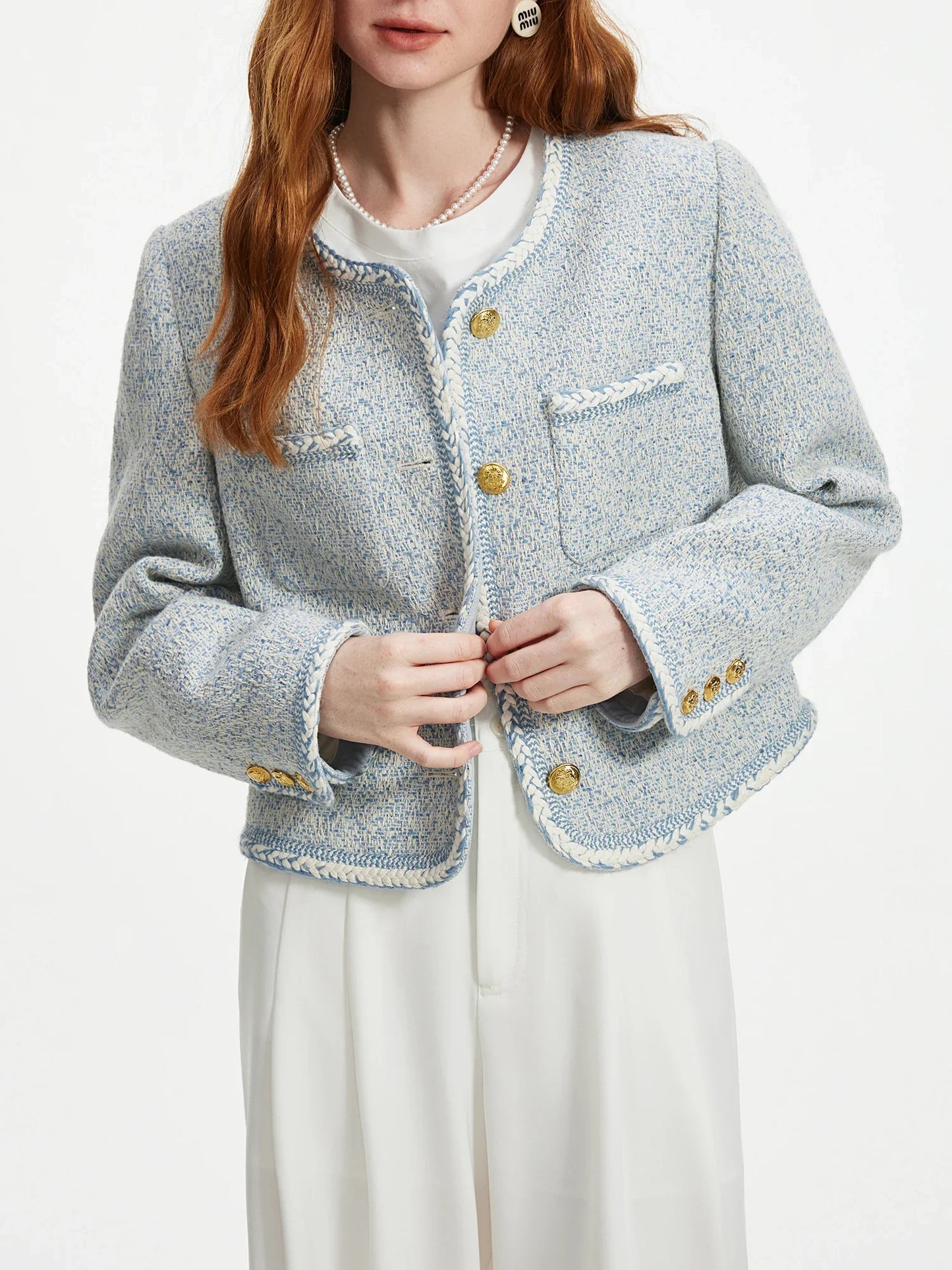 Casaco Tweed Azul Elegante Feminino - AlmaChic