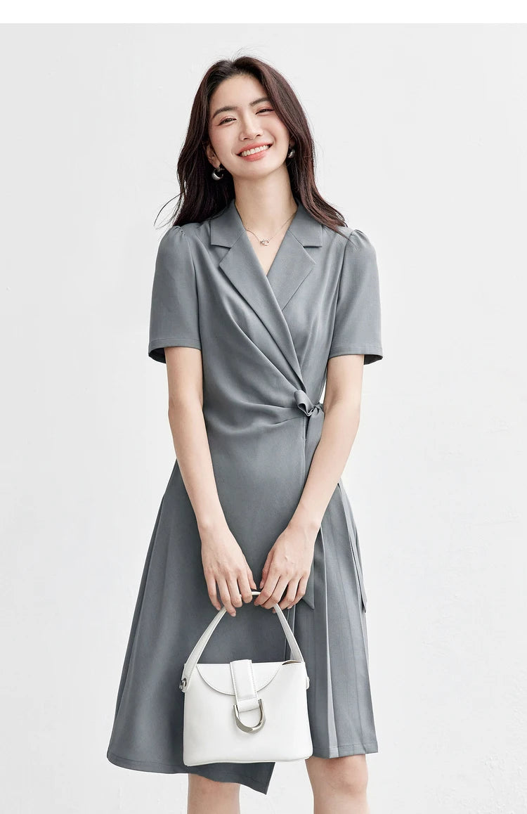 SENTUBILA vestido de verano 2025 mujer lugar de trabajo desplazamientos mangas abullonadas dobladillo Irregular atado cintura Cincher plisado vestidos Midi Q52LC0189