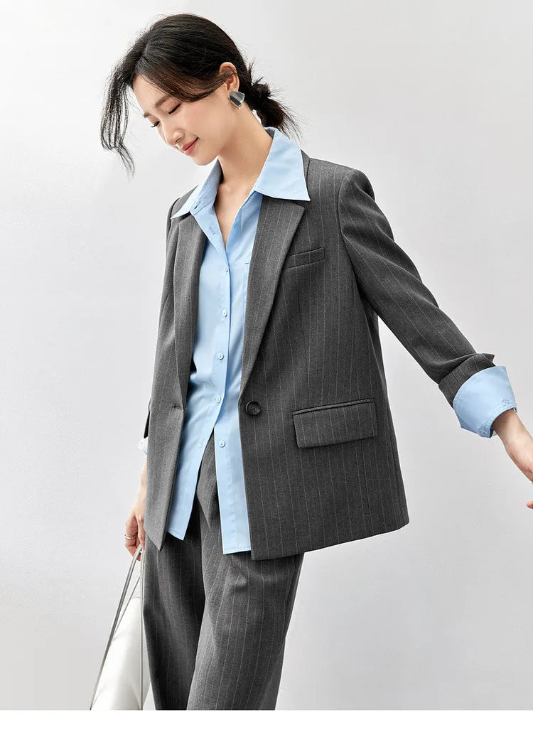 Sentubila feminino textura listrado calça ternos 2024 inverno entalhado pescoço único botão calças de perna reta 2 peça conjunto 143z56524