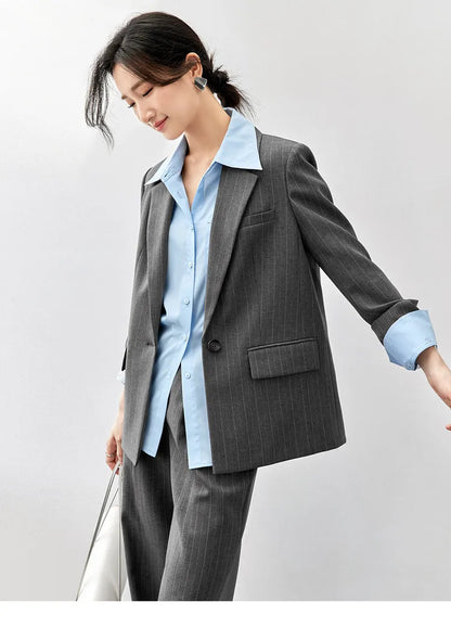 Sentubila feminino textura listrado calça ternos 2024 inverno entalhado pescoço único botão calças de perna reta 2 peça conjunto 143z56524