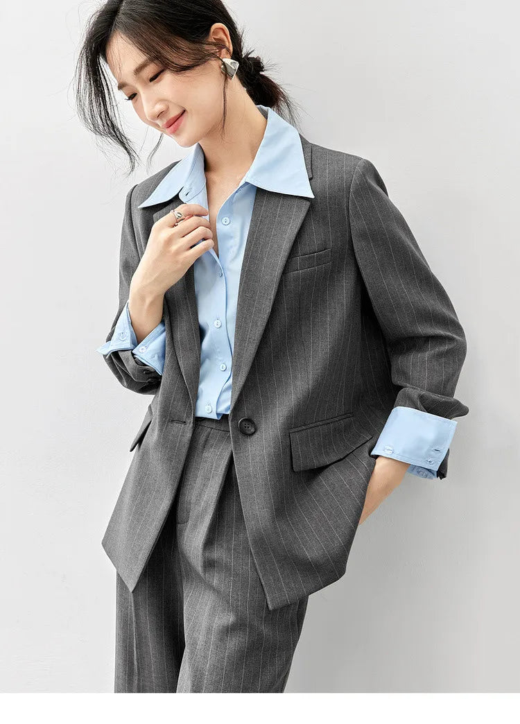 Sentubila feminino textura listrado calça ternos 2024 inverno entalhado pescoço único botão calças de perna reta 2 peça conjunto 143z56524