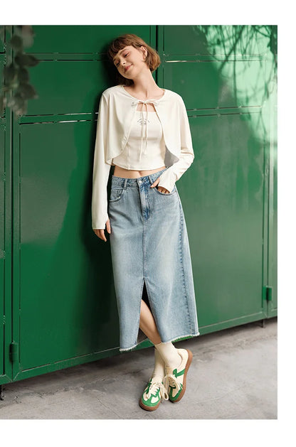Semir-Saia jeans feminina, fenda alta, design de corte reto, nova chegada, verão, 2022