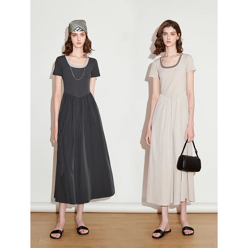 Toyoutth vestido feminino 2025 primavera novo falso duas peças cintura fina cor contrastante emenda u pescoço manga curta saia de comprimento médio