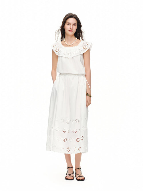 Vestido Floral DUSHU Off-Shoulder com Bordado e Amarração Branco, A-Line, Perfeito para Looks Casuais e Elegantes de Verão