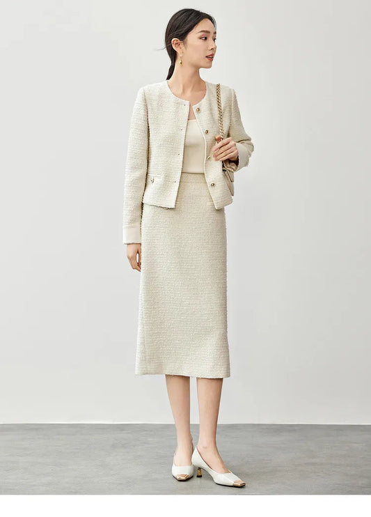 Sentubila conjunto de saia de tweed com textura feminina 2025 outono reto o pescoço jaquetas curtas fenda-hem saia longa conjuntos de 2 peças 143z56291