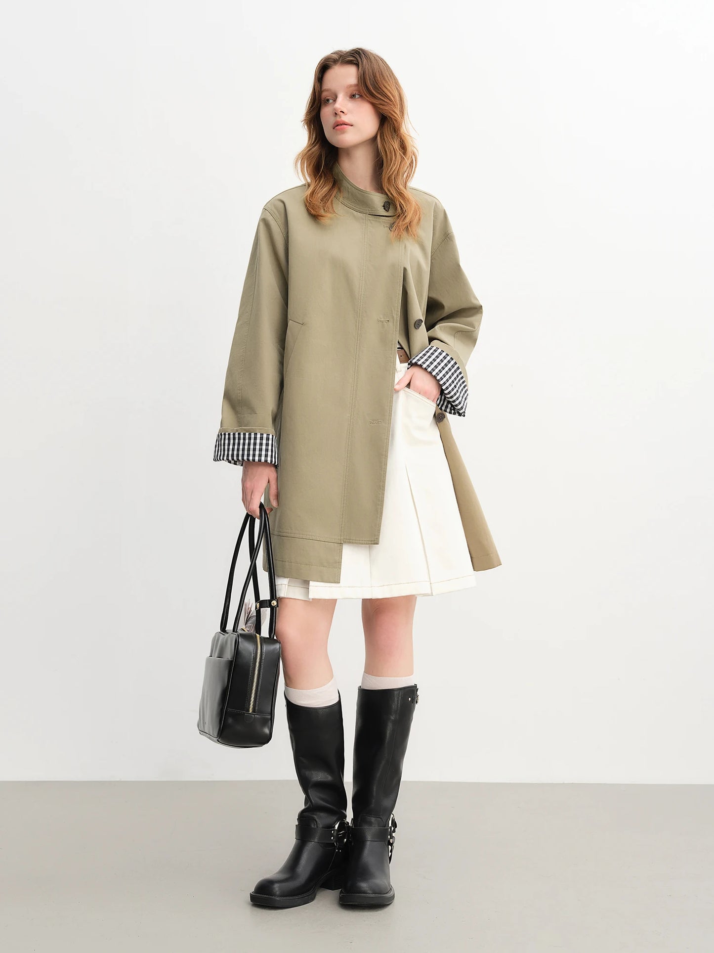 Dushu outono 2025 feminino gola trench coat-ajuste relaxado xadrez retalhos solto outerwear casual blusão topo