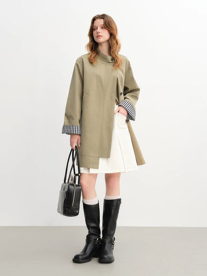 Dushu outono 2025 feminino gola trench coat-ajuste relaxado xadrez retalhos solto outerwear casual blusão topo