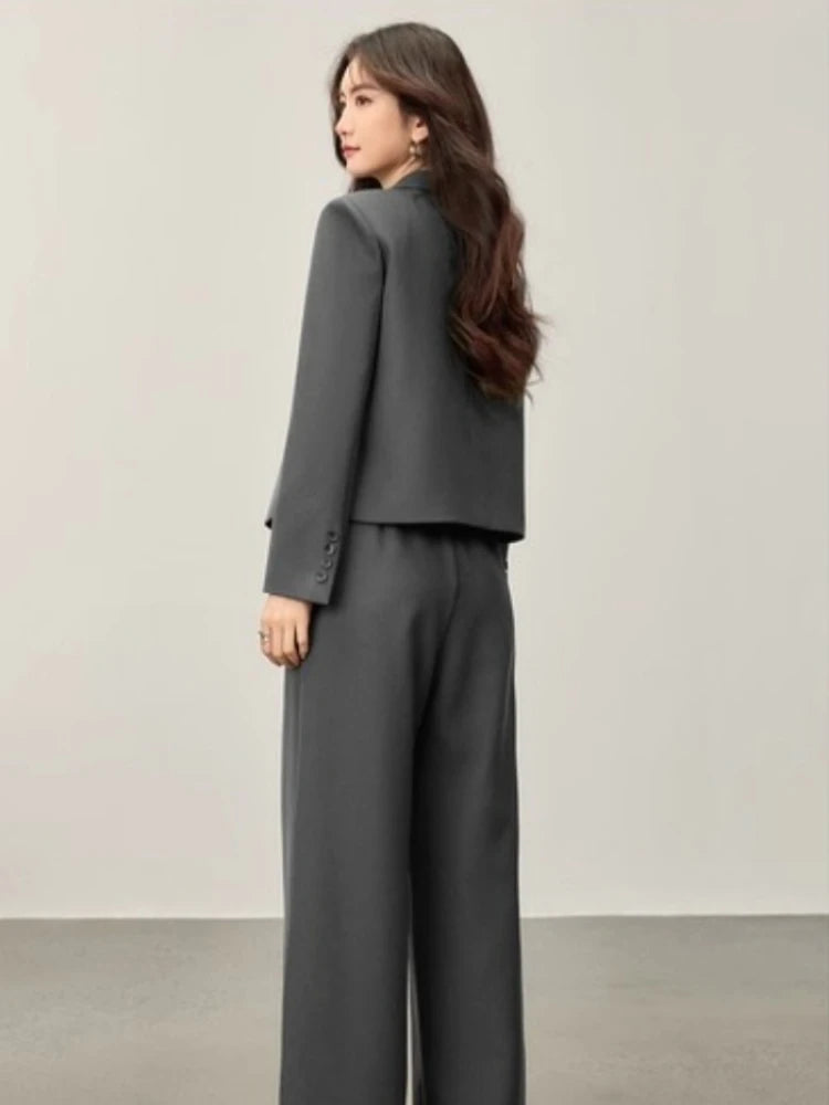 Sentubila blazer e calças terno 2025 acolchoado ombro superior calças de perna larga senhora define feminino trabalho wear 2 peça set153ze1874