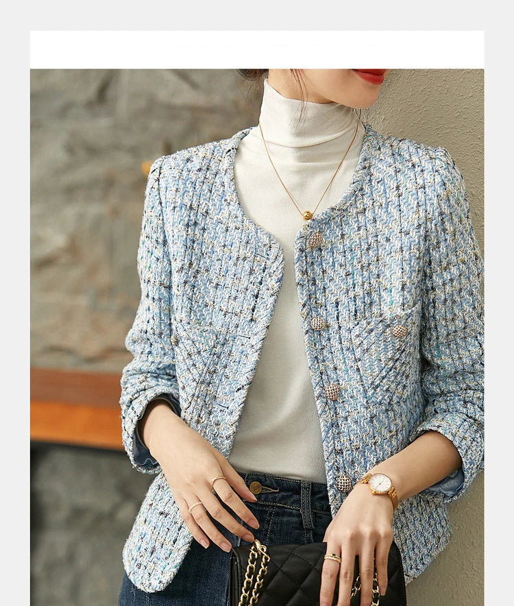 Sentubila recortado tweed jaqueta para mulher 2024 outono elegante moda outerwear o-pescoço casacos curtos roupas femininas 143w56772x