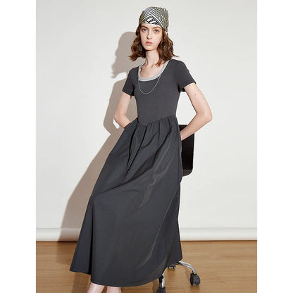 Toyoutth vestido feminino 2025 primavera novo falso duas peças cintura fina cor contrastante emenda u pescoço manga curta saia de comprimento médio