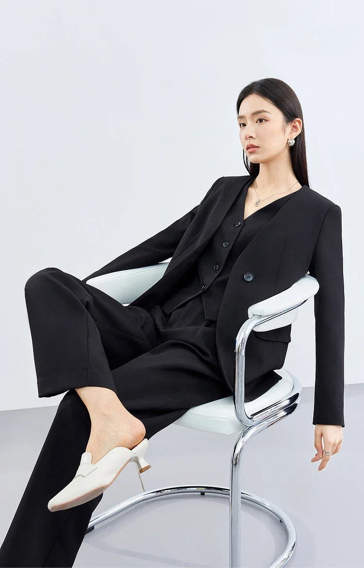 Sentubila mulher 3 peça conjunto roupas 2025 outono moda escritório wear preto colete blazer jaquetas perna larga calça conjunto 141z53019