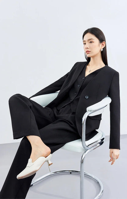 Sentubila mulher 3 peça conjunto roupas 2025 outono moda escritório wear preto colete blazer jaquetas perna larga calça conjunto 141z53019