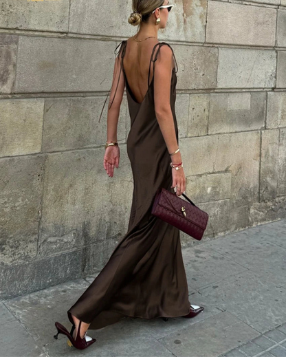 Clacive moda solta marrom cetim vestidos femininos 2025 verão cinta sem mangas até o chão vestido sexy sem costas vestido feminino