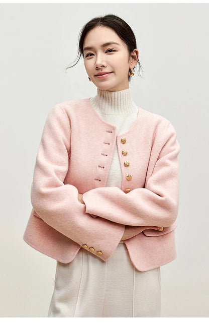 Sentubila casaco de lã de luxo para mulheres 2024 inverno gola redonda reta único breasted roupas femininas de alta qualidade w44o56591