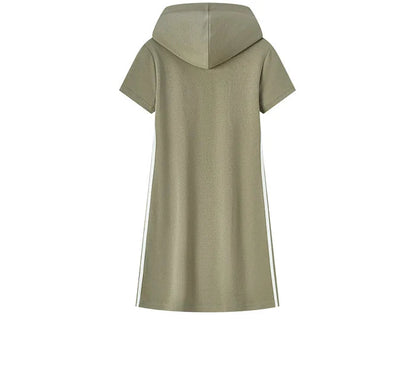 Vestido curto com capuz feminino, vestido semir, estampa de letras, tendência retrô, casual, fino, estilo esportivo, novo, verão, 2024