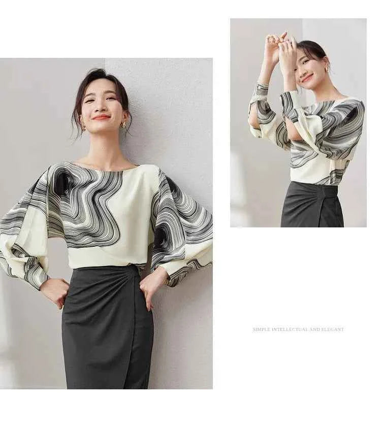 Blusa Chiffon Estampada Élise Marbre — Elegância Contemporânea com Leveza Absoluta