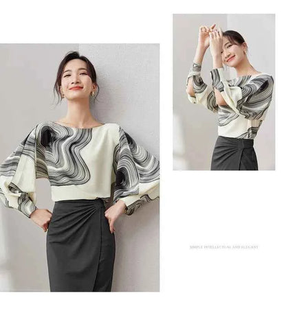 Blusa Chiffon Estampada Élise Marbre — Elegância Contemporânea com Leveza Absoluta