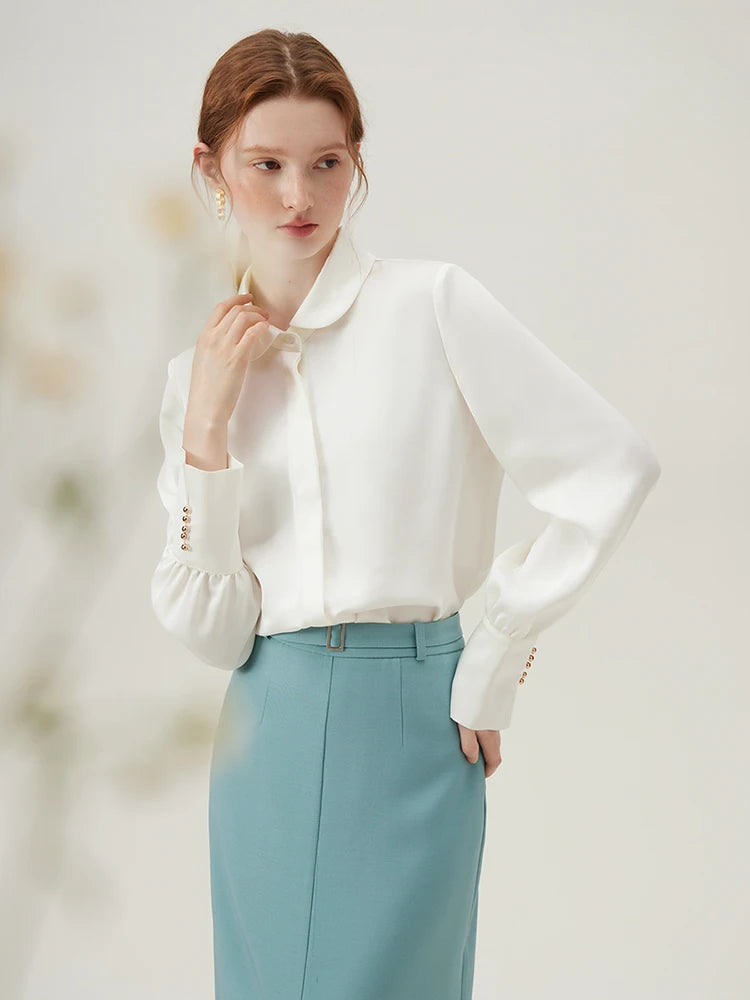 FSLE-Camisa de manga comprida Peter Pan Collar feminino, Chiffon Top, Branco Redutor de Idade, Camisas Femininas Versáteis, 24FS11104