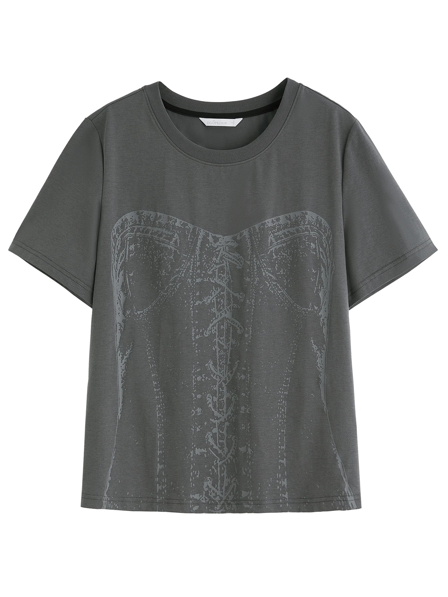 Dushu plus size feminino slogan impressão em torno do pescoço malha camiseta 2025 coleção de verão design de emagrecimento simples topo para mulher 25ds82213