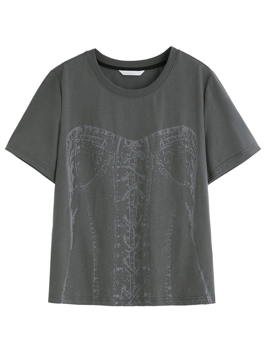 Dushu plus size feminino slogan impressão em torno do pescoço malha camiseta 2025 coleção de verão design de emagrecimento simples topo para mulher 25ds82213